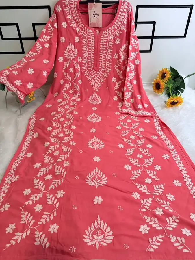 Peach pink-Rayon panel zikzag kurta - Image 2