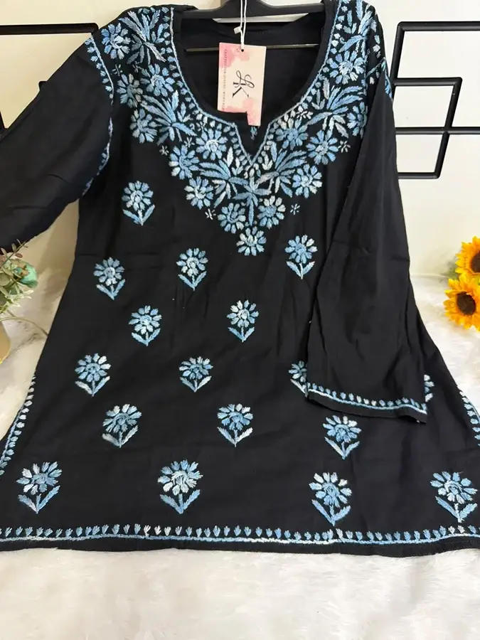 Blue White Malmal Black Dual Thread Short Kurta - Image 2