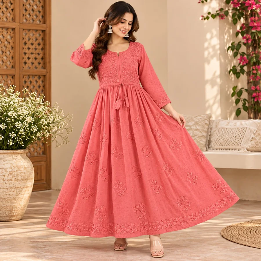 Peach Dobby Cotton Gown