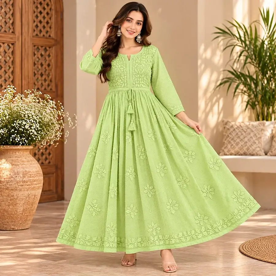 Pista Green Dobby Cotton Gown