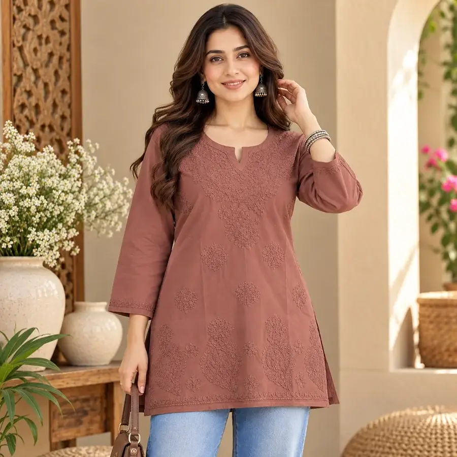 Brown Malmal Short Kurta Bakhiya work