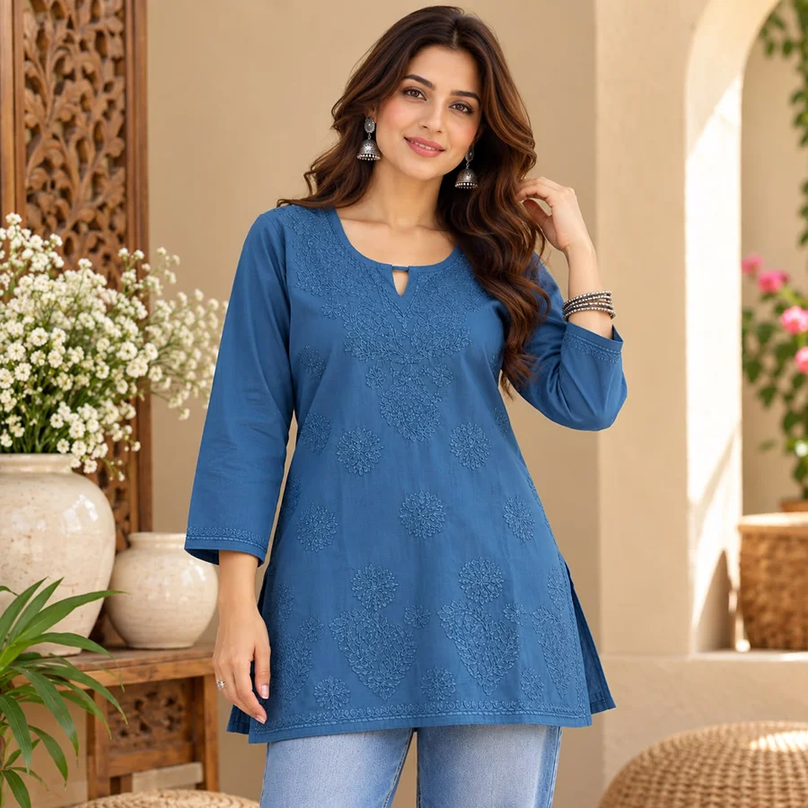 Teal Blue Malmal Short Kurta Bakhiya work