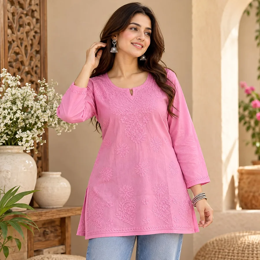 Baby Pink Malmal Short Kurta Bakhiya work