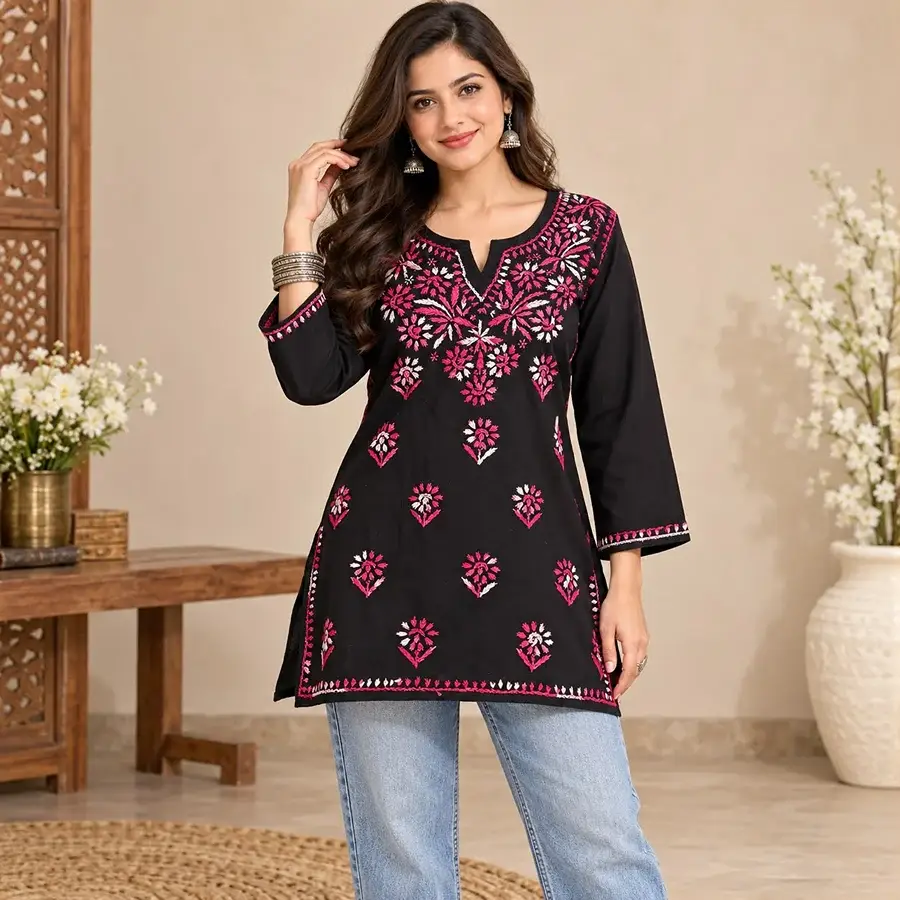 Red White Malmal Black Dual Thread Short Kurta