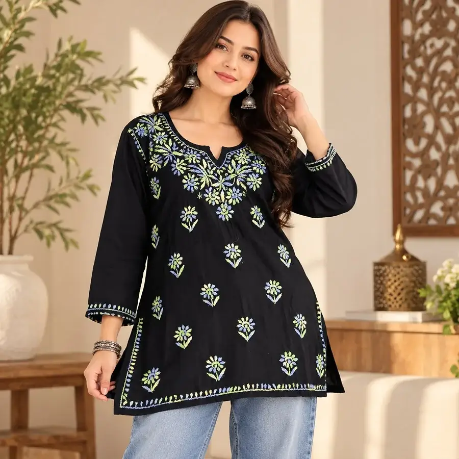 Green Blue Malmal Black Dual Thread Short Kurta