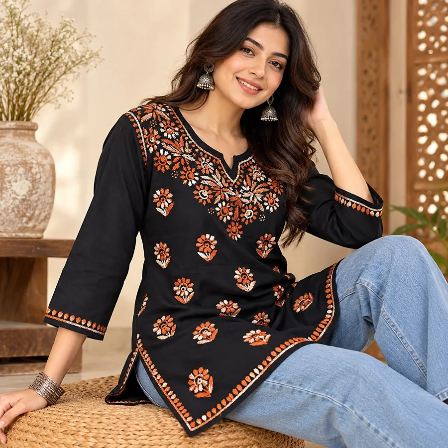 Brown White Malmal Black Dual Thread Short Kurta