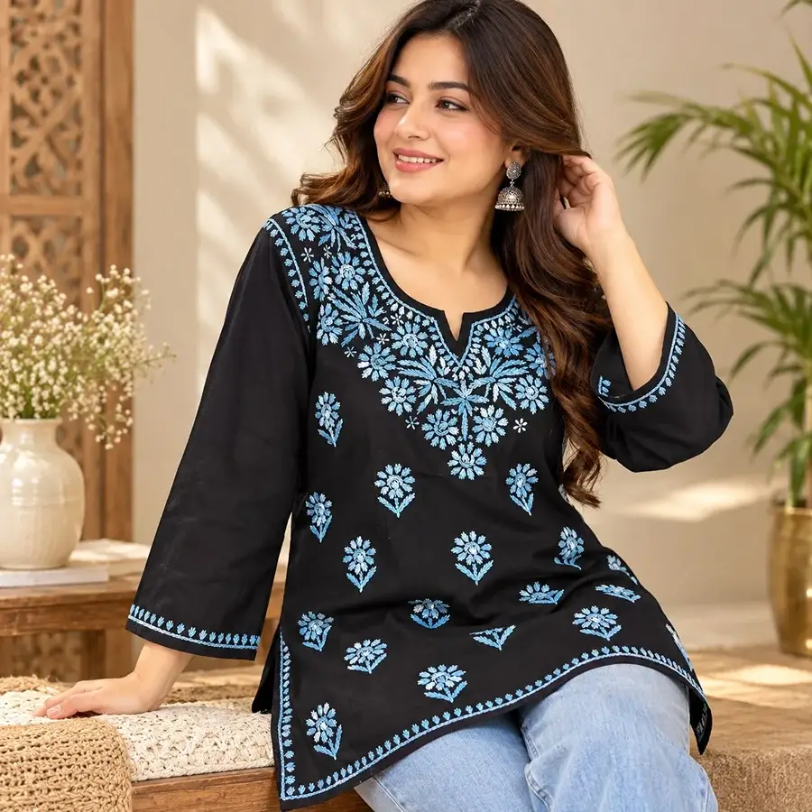 Blue White Malmal Black Dual Thread Short Kurta