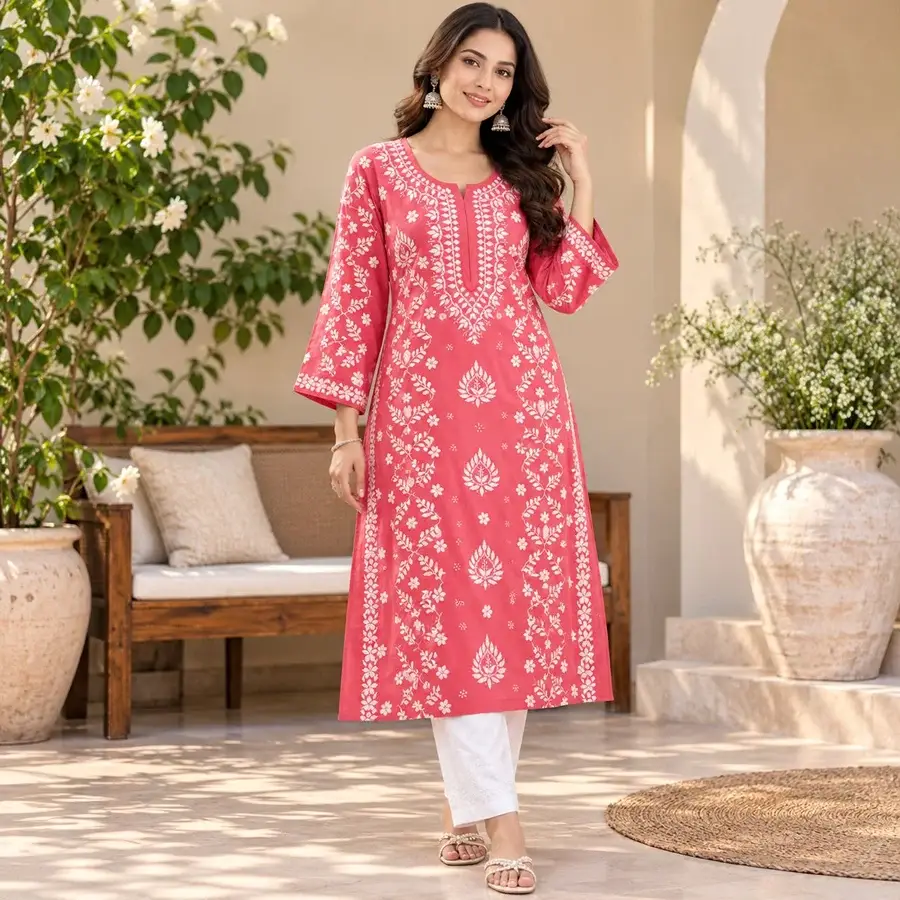 Peach pink-Rayon panel zikzag kurta