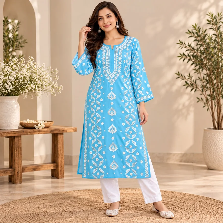 Powder Blue-Rayon panel zikzag kurta