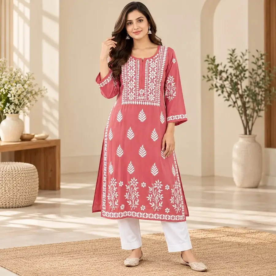 Peach Rayon fabric Daman  Kurti