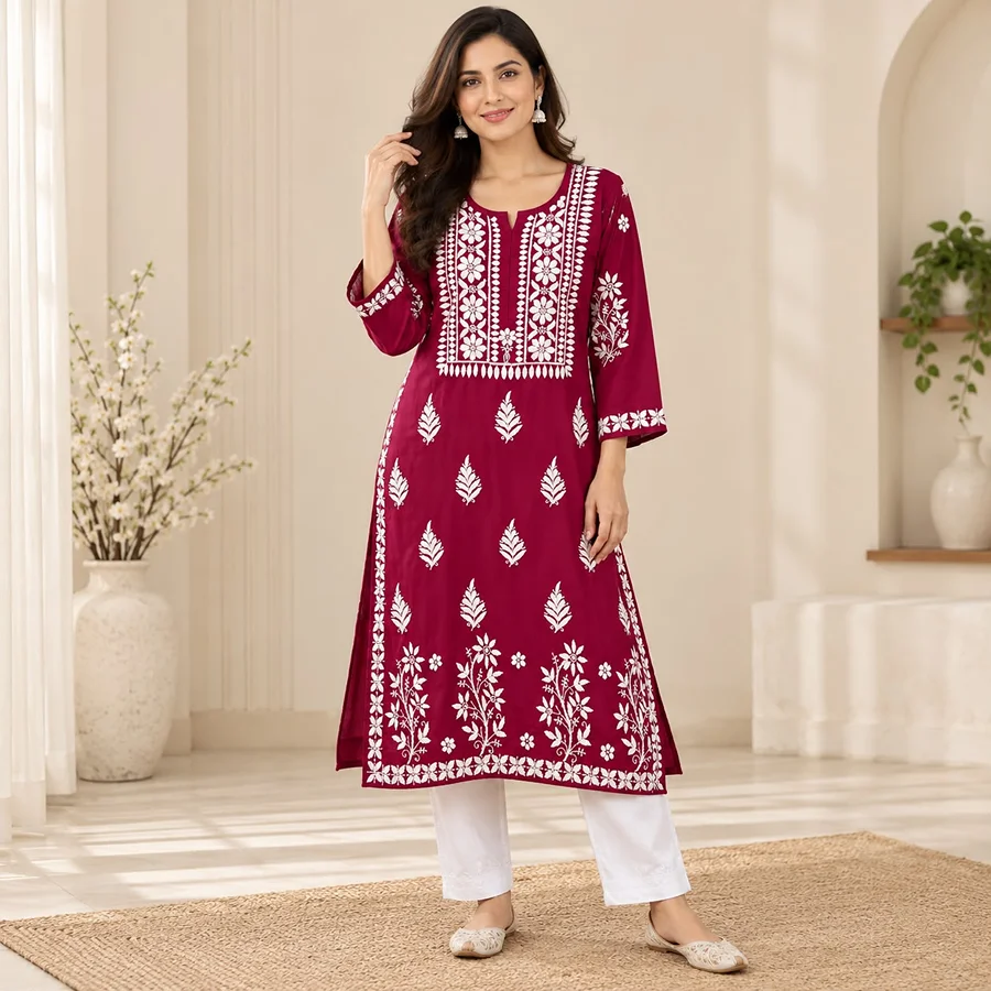 Maroon Rayon fabric Daman  Kurti