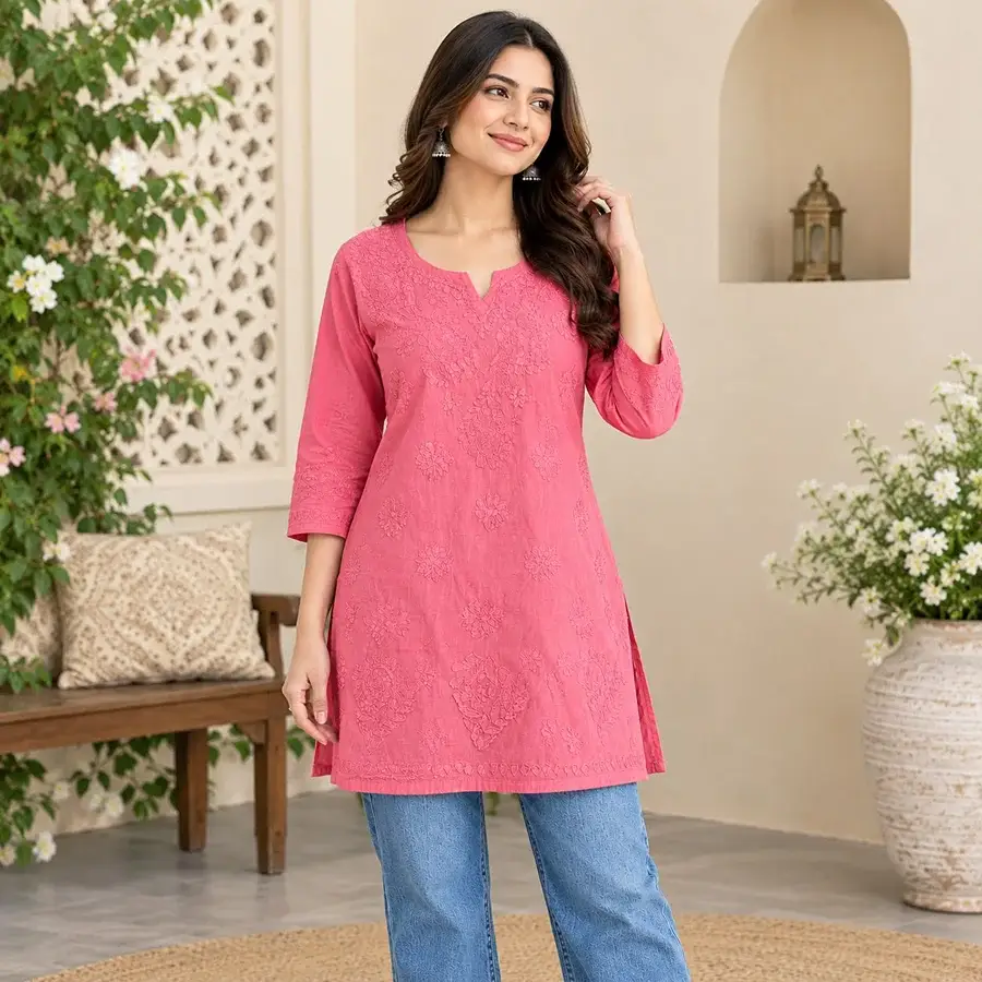 Peach Malmal Short Kurta Bakhiya work