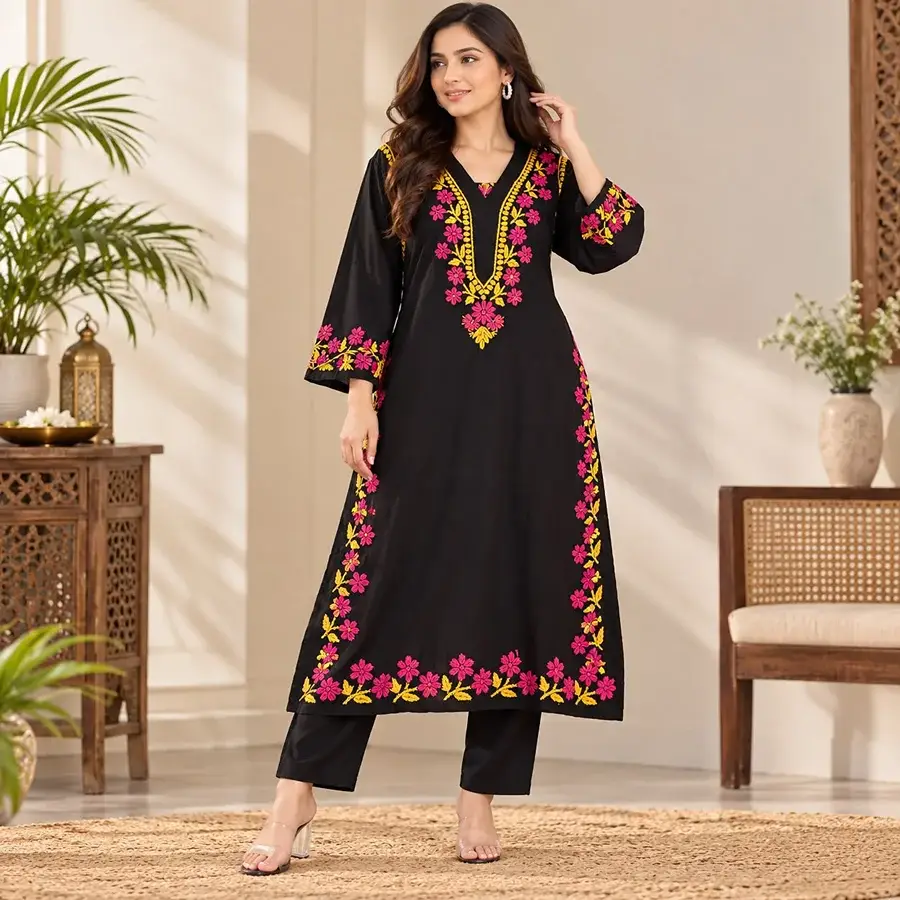 Yellow pink V neck Rayon black kurta