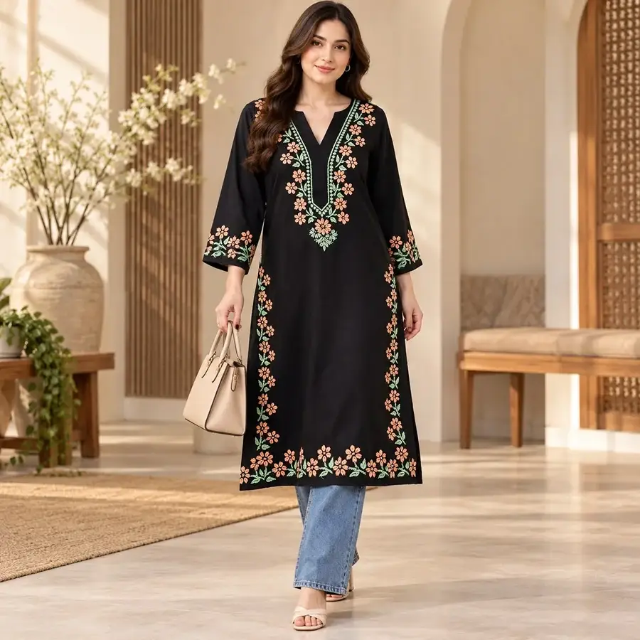 Peach-Green V neck Rayon black kurta