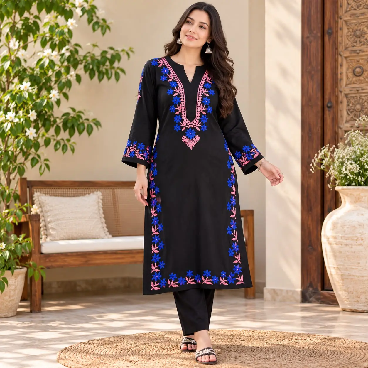 Pink blue V neck Rayon black kurta