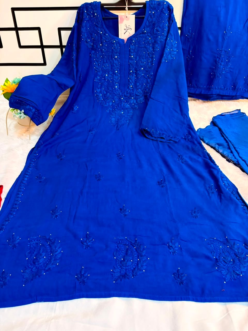 Royel Blue Alifa Rayon 3PSC set with Mukesh work - Image 2