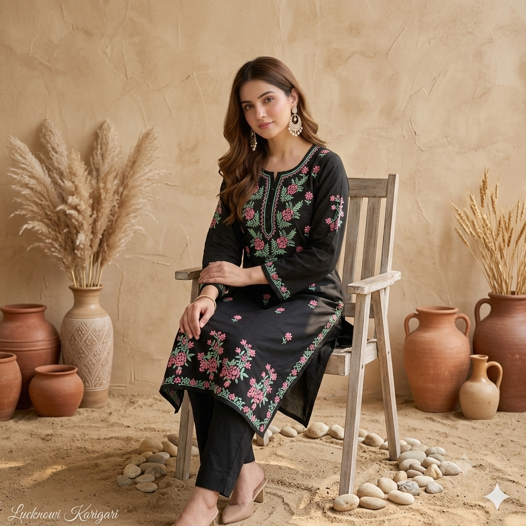 Black Pink Flower full on work Rayon Long Kurta