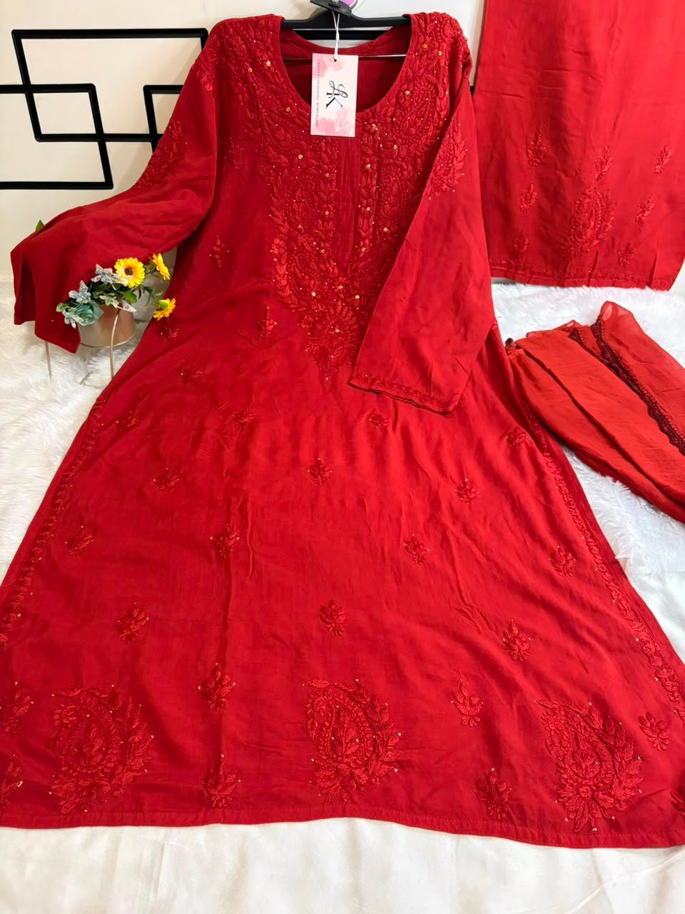 Red Rayon 3PSC set with Mukesh work - Image 2