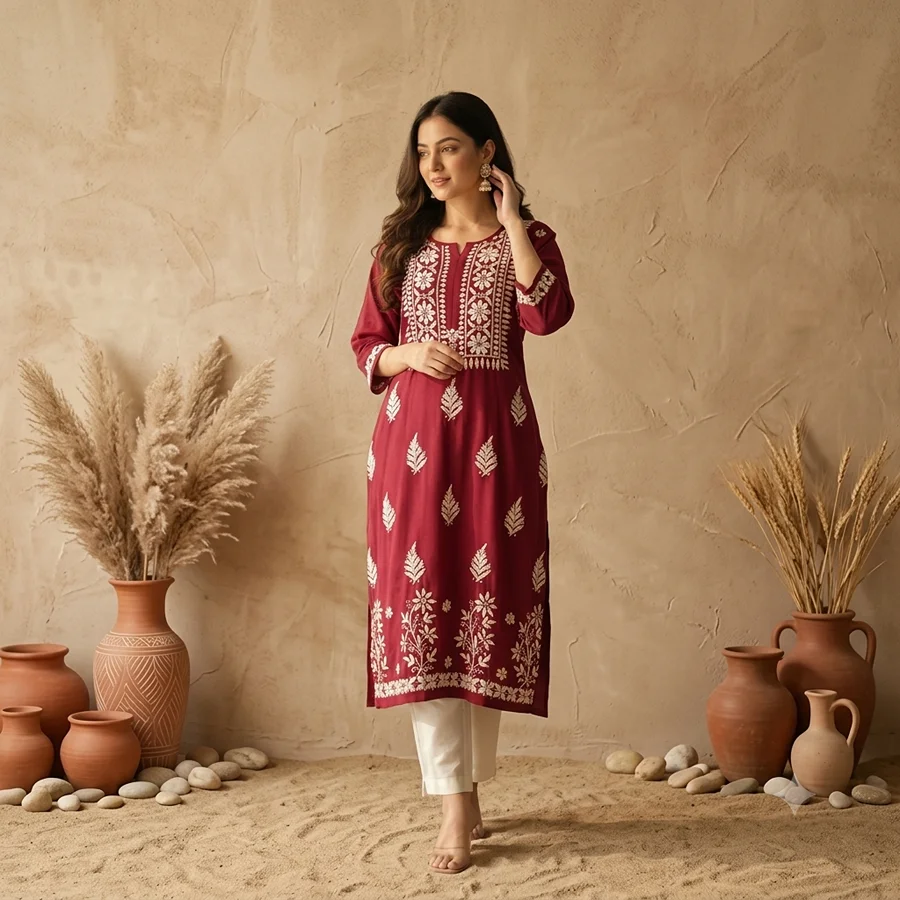 Maroon Rayon fabric Daman  Kurti