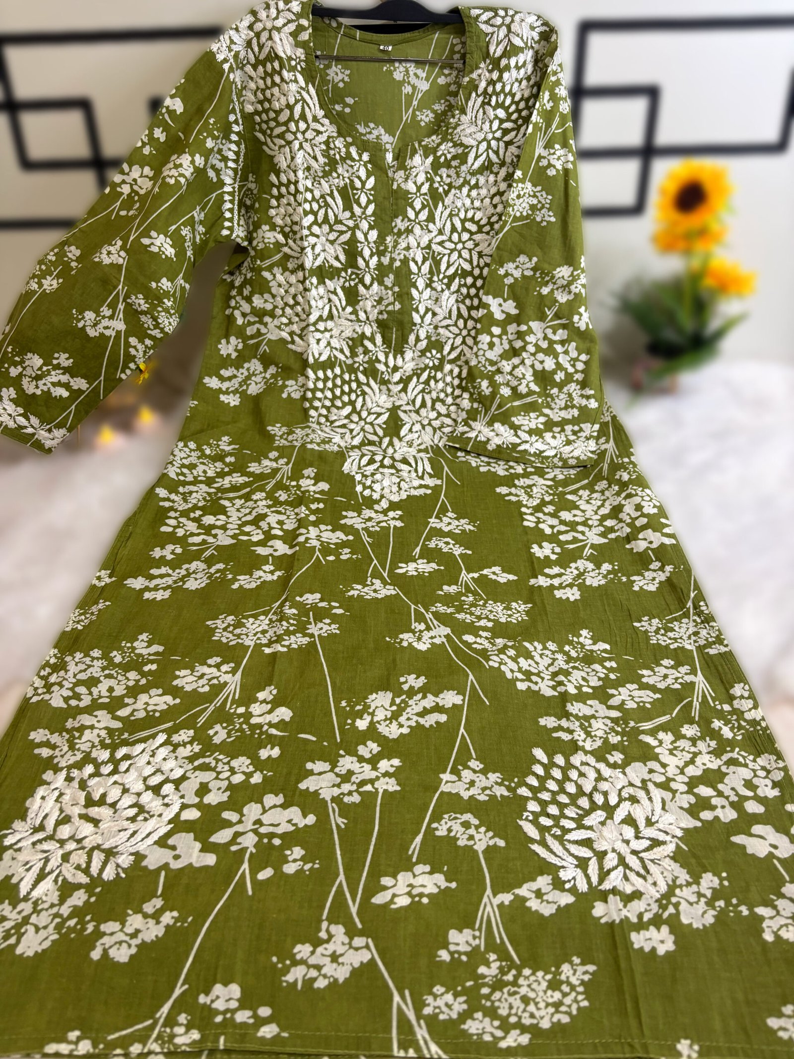 Malmal Cotton- Mehndi Green Kurti - Image 2
